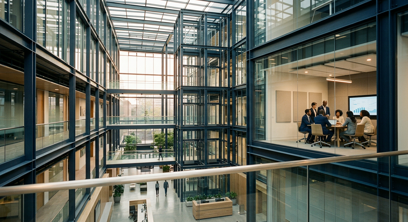 Leadership team reviewing performance data in a glass meeting room above a modern office atrium